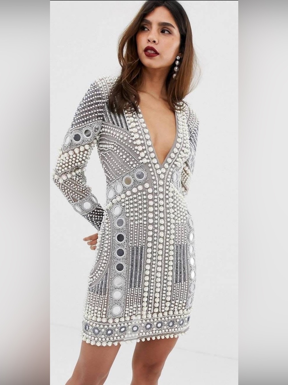 ASOS Silver Embellished Deep V Mini Dress